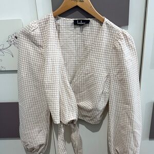 Lulu's Cream Checkered Wrap Blouse